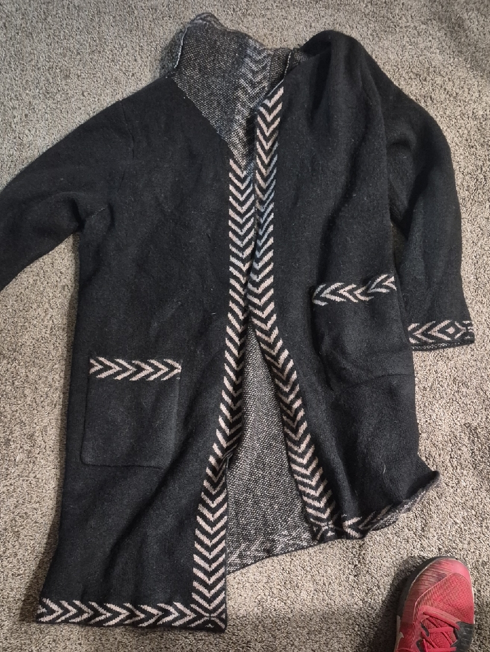 Max Studio Black Cardigan with Cream Chevron Accent
